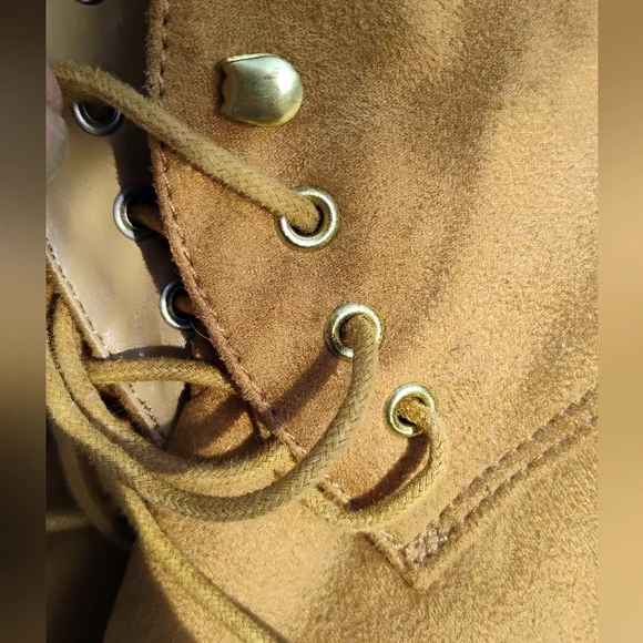 Wedge MERONA Ankle Boots Women's Sz 9 Lace Up 3.5" Heels Tan Faux Leather - Picture 8 of 14